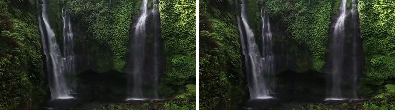 The same video frame before and after upscaling